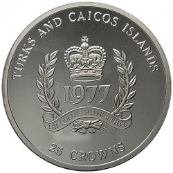 TURKS & CAICOS 25 CORONAS 1977 THE QUEEN'S SILVER JUBILEE KM.19 MONEDA DE PLATA PROOF ESTUCHE Silver Crowns 1,30 ONZAS OZ
