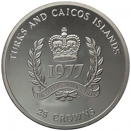 TURKS & CAICOS 25 CORONAS 1977 THE QUEEN'S SILVER JUBILEE KM.19 MONEDA DE PLATA PROOF ESTUCHE Silver Crowns 1,30 ONZAS OZ