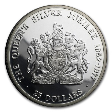 CAYMAN 25 DOLARES 1977 THE QUEEN'S SILVER JUBILEE KM.14 MONEDA DE PLATA PROOF 25 Dollars silver OZ ESTUCHE 1,50 ONZAS