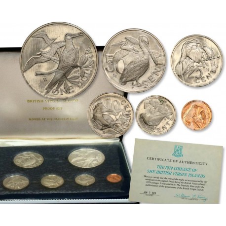 1974 ISLAS VIRGENES ESTUCHE OFICIAL 6 coins Silver Proof Mint Set incluye 1 DOLAR PLATA British Virgin Islands