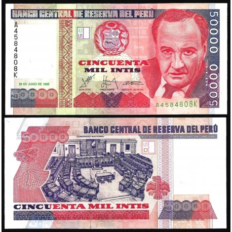 PERU 50000 INTIS 1988 CONGRESO NACIONAL y VICOTOR RAUL HAYA Pick 142 BILLETE SC UNC BANKNOTE