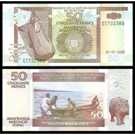 BURUNDI 50 FRANCOS 2003 PESCADORES Pick 36 BILLETE SC 50 Francs Amafaranga UNC BANKNOTE