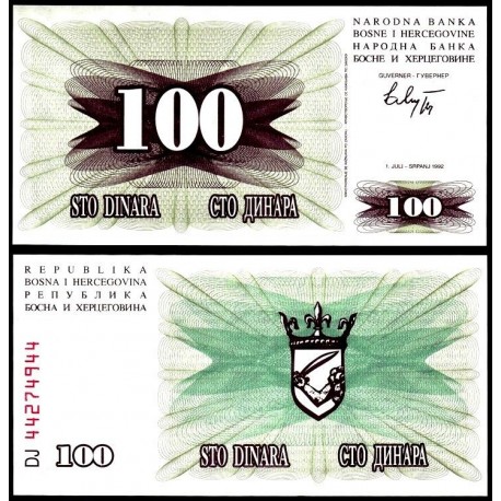 BOSNIA 100 DINARA 1992 ESCUDO VALOR Pick 13 BILLETE SC UNC BANKNOTE 100 DINAR HERZEGOVINA