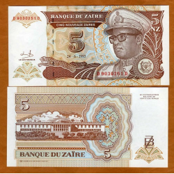 ZAIRE 5 NUEVOS ZAIRES 1993 DICTADOR MOBUTU Pick 53A BILLETE SC UNC BANKNOTE 5 Nuevos Zaires Nouveaux