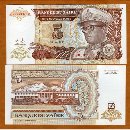 ZAIRE 5 NUEVOS ZAIRES 1993 DICTADOR MOBUTU Pick 53A BILLETE SC UNC BANKNOTE 5 Nuevos Zaires Nouveaux