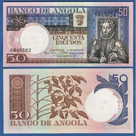 ANGOLA 50 ESCUDOS 1973 LUIZ DE CAMOES y PLANTAS Pick 105 BILLETE SC Colonia de Portugal UNC BANKNOTE