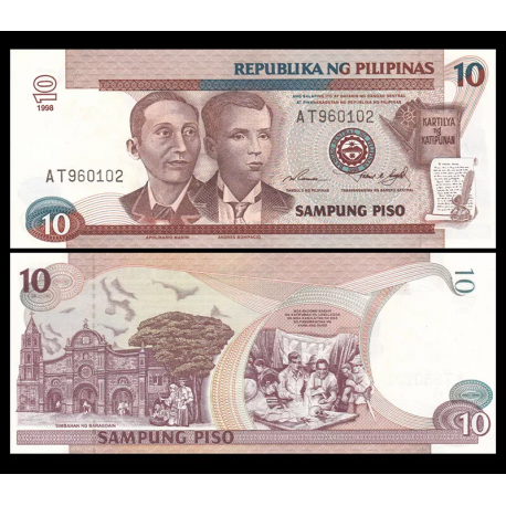 FILIPINAS 10 PISO 1998 APOLINARIO MABINI y A. BONIFACIO Pick 187 BILLETE SC Philippines UNC BANKNOTE