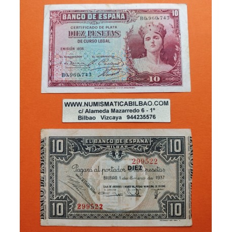 . 2 billetes x ESPAÑA 10 PESETAS 1935 DAMA Serie B REPÚBICA ESPAÑOLA + BILBAO 10 PESETAS 1937 MONTE DE PIEDAD Sin Serie 299522