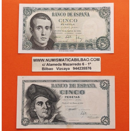 . 2 billetes x ESPAÑA 5 PESETAS 1948 JUAN SEBASTIAN ELCANO Serie F Pick 136A + 5 PESETAS 1951 BALMES Serie E Pick 140