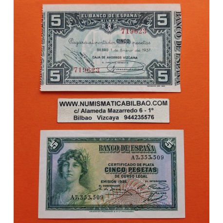 . 2 billetes x ESPAÑA 5 PESETAS 1935 DAMA Serie A...509 REPÚBICA ESPAÑOLA + BILBAO 5 PESETAS 1937 CAJA AHORROS VIZCAÍNA 719623