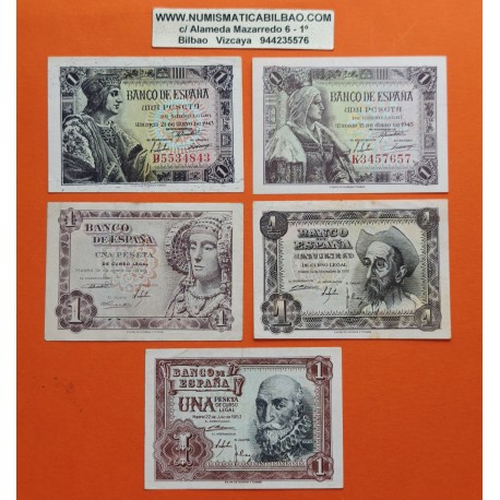 . 5 billetes x España 1 PESETA 1943 REY FERNANDO + 1 PESETA 1945 ISABEL + 1948 DAMA DE ELCHE + 1951 QUIJOTE + 1953 MARQUES MBC-