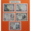 . 5 billetes x España 1 PESETA 1943 REY FERNANDO + 1 PESETA 1945 ISABEL + 1948 DAMA DE ELCHE + 1951 QUIJOTE + 1953 MARQUES MBC-