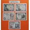 . 5 billetes x España 1 PESETA 1943 REY FERNANDO + 1 PESETA 1945 ISABEL + 1948 DAMA DE ELCHE + 1951 QUIJOTE + 1953 MARQUES MBC-