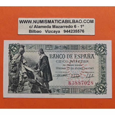 ESPAÑA 5 PESETAS 1945 CRISTOBAL COLON Serie K 3887028 Pick 129 BILLETE MBC+ DOBLEZ Spain banknote
