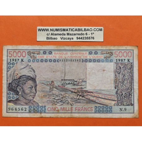 @PVP NUEVO 475€@ SENEGAL 5000 FRANCOS 1987 NATIVA y BARCA Pick 708.KI BILLETE MUY CIRCULADO West African States