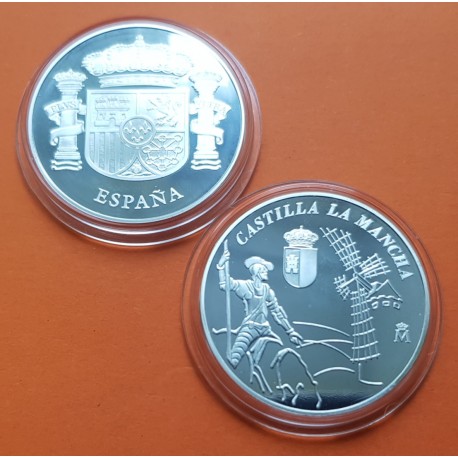 (2003) CASTILLA LA MANCHA MEDALLA DE PLATA DON QUIJOTE y MOLINO DE VIENTO ESCUDO DE ESPAÑA FNMT SI CAPSULA 0,40 onzas
