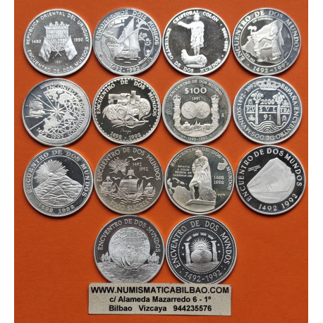 . 14 monedas x ESPAÑA I SERIE IBEROAMERICANA 1ª @LIMPIADAS@ 1991/1992 ENCUENTRO ENTRE DOS MUNDOS PLATA Mexico Chile...