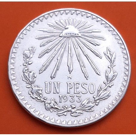 @BRILLO DE LIMPIEZA@ MEXICO 1 PESO 1933 GORRO FRIGIO KM.455 MONEDA DE PLATA MBC silver coin ESTADOS UNIDOS MEXICANOS R/2