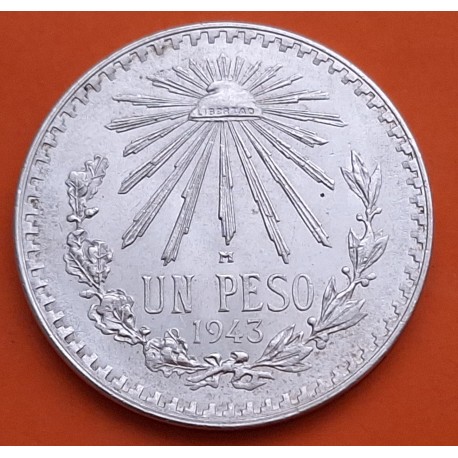 MEXICO 1 PESO 1943 GORRO FRIGIO KM.455 MONEDA DE PLATA SC- Mejico silver coin ESTADOS UNIDOS MEXICANOS WWII R/1