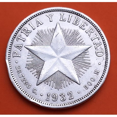 CUBA 1 PESO 1932 ESTRELLA PATRIA y LIBERTAD KM.15 MONEDA DE PLATA MBC + MUESCAS EN CANTO silver coin R/1