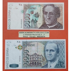 2 billetes NUEVOS x España 5000 PESETAS 1992 CRISTOBAL COLON + 10000 PESETAS 1992 JUAN CARLOS I Pick 166 LUJO SC Spain banknote