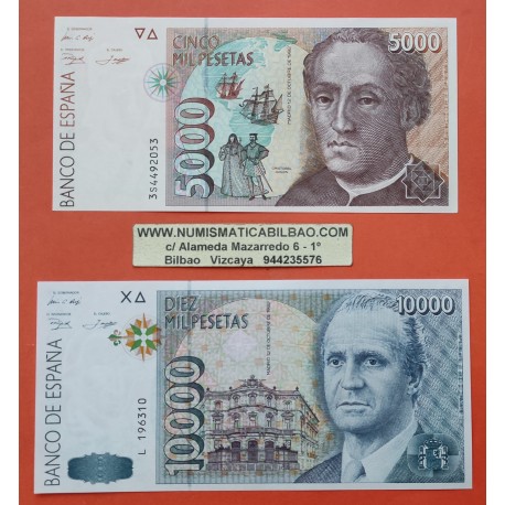2 billetes NUEVOS x España 5000 PESETAS 1992 CRISTOBAL COLON + 10000 PESETAS 1992 JUAN CARLOS I Pick 166 LUJO SC Spain banknote