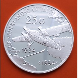 ANTILLAS HOLANDESAS 25 GULDEN 1994 AVION CURACAO a AMSTERDAM KM.40 MONEDA DE PLATA PROOF The Netherlands Antilles silver