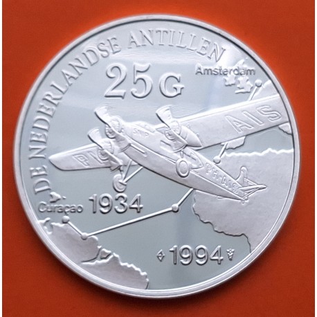 ANTILLAS HOLANDESAS 25 GULDEN 1994 AVION CURACAO a AMSTERDAM KM.40 MONEDA DE PLATA PROOF The Netherlands Antilles silver