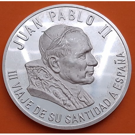 @ESCASA@ ESPAÑA 1 ONZA 1992 III VIAJE DEL PAPA JUAN PABLO II MEDALLA DE PLATA PURA Troy Oz OUNCE España Medalla