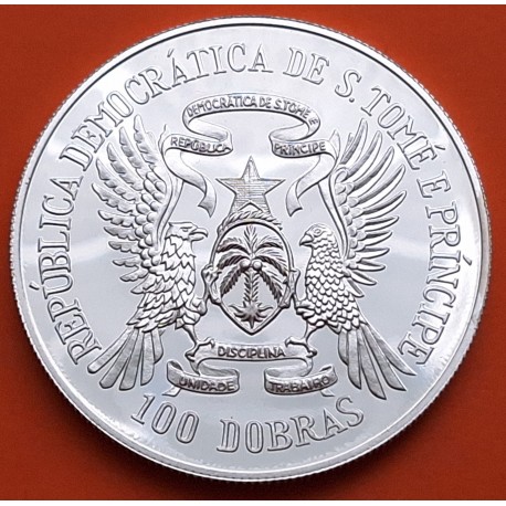 SANTO TOME y PRINCIPE 100 DOBRAS 1985 ISLAS y ESTRELLAS 10 AÑOS DE INDEPENDENCIA KM.42 MONEDA DE PLATA PROOF