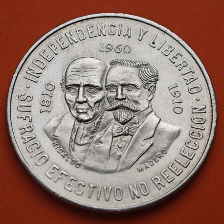MEXICO 10 PESOS 1960 HIDALGO y MADERO 150 AÑOS DE INDEPENCIA KM.476 MONEDA DE PLATA EBC- Mejico silver R/2