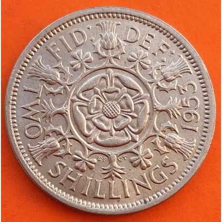 INGLATERRA 2 SHILLINGS 1953 Reina ISABEL II y FLORES KM.906 MONEDA DE NICKEL SC- Great Britain United Kingdom