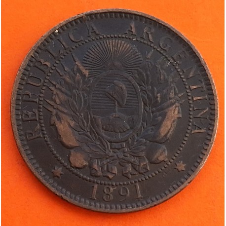 @ESCASA@ ARGENTINA 2 CENTAVOS 1891 DAMA LIBERTAD KM.32 MONEDA DE BRONCE MBC Latin Monetary Union