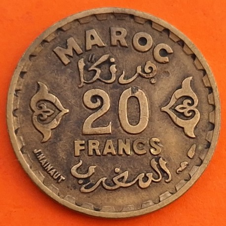 MARRUECOS 20 FRANCOS 1952 AH1371 ESTRELLA MOHAMMED V KM.50 MONEDA DE LATON MBC- Morocco 20 Francs R/2