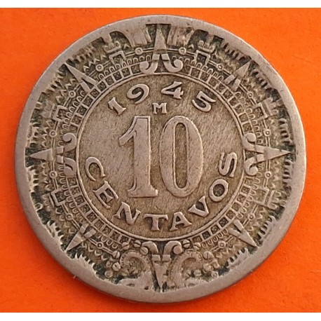 MEXICO 10 CENTAVOS 1945 FILIGRANAS AZTECAS KM.432 MONEDA DE NICKEL MBC- Mejico ACUÑADA DURANTE LA 2ª GUERRA MUNDIAL WWII