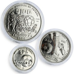 . 1,26 ONZAS de PLATA PURA x Mexico 25 + 50 + 100 PESOS 1985 MUNDIAL DE FUTBOL 1986 FIFA WORLD CUP KM.497+498+499 PLATA SC