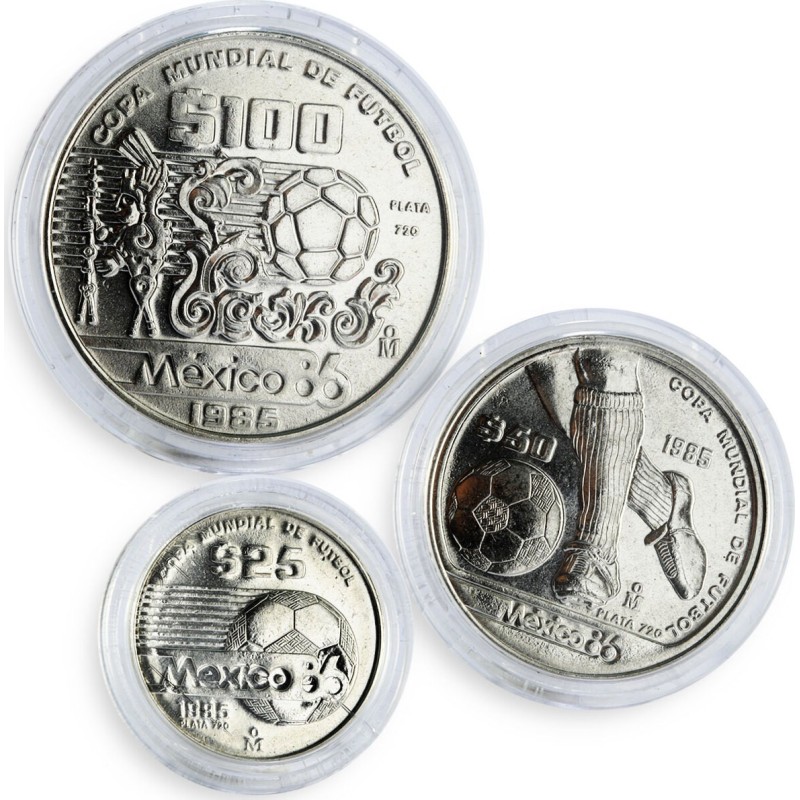 . 1,26 ONZAS de PLATA PURA x Mexico 25 + 50 + 100 PESOS 1985 MUNDIAL DE FUTBOL 1986 FIFA WORLD CUP KM.497+498+499 PLATA SC