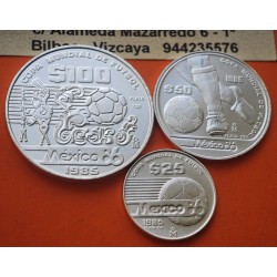 . 1,26 ONZAS de PLATA PURA x Mexico 25 + 50 + 100 PESOS 1985 MUNDIAL DE FUTBOL 1986 FIFA WORLD CUP KM.497+498+499 PLATA SC