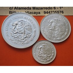 . 1,26 ONZAS de PLATA PURA x Mexico 25 + 50 + 100 PESOS 1985 MUNDIAL DE FUTBOL 1986 FIFA WORLD CUP KM.497+498+499 PLATA SC