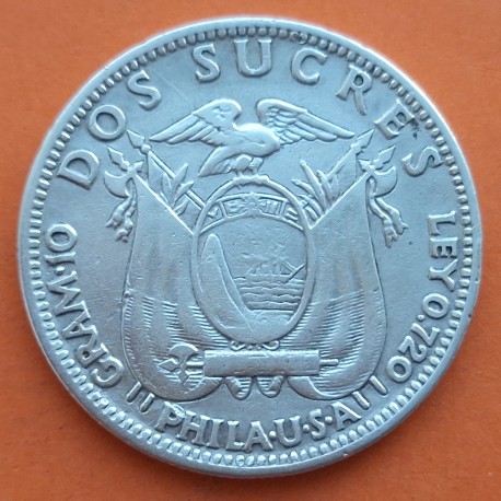 @ESCASA@ ECUADOR 2 SUCRES 1928 Ceca de PHILADELPIA JOSE DE SUCRE KM.68 MONEDA DE PLATA MBC silver coin