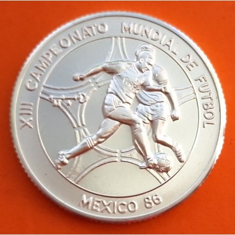 CUBA 5 PESOS 1986 JUGADORES XIII CAMPEONATO FUTBOL en MEXICO KM.123 MONEDA DE PLATA SC Caribe silver
