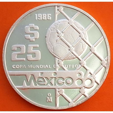 MEXICO 25 PESOS 1986 BALÓN EN LA RED MUNDIAL DE FUTBOL FIFA KM.519 MONEDA DE PLATA PROOF silver 1/4 ONZA OZ