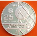 MEXICO 25 PESOS 1986 BALÓN EN LA RED MUNDIAL DE FUTBOL FIFA KM.519 MONEDA DE PLATA PROOF silver 1/4 ONZA OZ