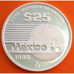 MEXICO 25 PESOS 1986 LOGO y BALÓN GRANDE MUNDIAL DE FUTBOL FIFA KM.497.A MONEDA DE PLATA PROOF silver 1/4 ONZA OZ