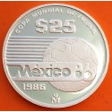 MEXICO 25 PESOS 1986 LOGO y BALÓN MUNDIAL DE FUTBOL FIFA KM.497.A MONEDA DE PLATA PROOF silver 1/4 ONZA OZ