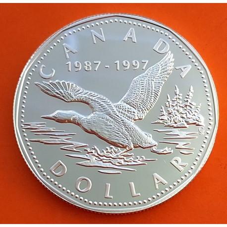CANADA 1 DOLAR 1997 1987 LOONEY DOLLAR 10 Aniversario GANSO KM.296 MONEDA DE PLATA PROOF cápsula silver Dollar