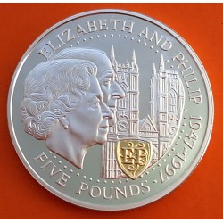 @ESCUDO en ORO@ GUERNSEY 5 LIBRAS 1997 BODAS DE ORO KM.71.A MONEDA DE PLATA PROOF Golden Wedding ELIZABETH & PHILIP