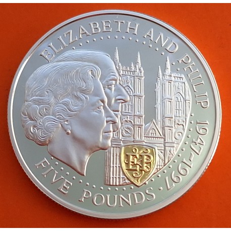@ESCUDO en ORO@ GUERNSEY 5 LIBRAS 1997 BODAS DE ORO KM.71.A MONEDA DE PLATA PROOF Golden Wedding ELIZABETH & PHILIP