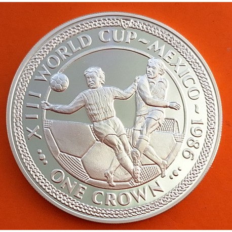 ISLA DE MAN 1 CORONA 1986 XIII MUNDIAL DE FUTBOL MEXICO 86 REMATE A GOL KM.162B MONEDA DE PLATA PROOF Silver Crown Isle Of