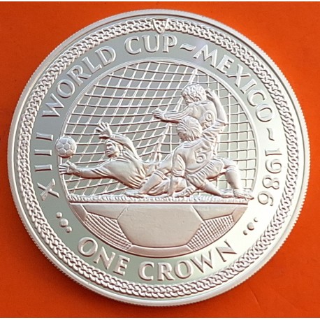 ISLA DE MAN 1 CORONA 1986 XIII MUNDIAL DE FUTBOL MEXICO 86 REMATE A PORTERIA KM.163B MONEDA DE PLATA PROOF Silver Crown Isle Of